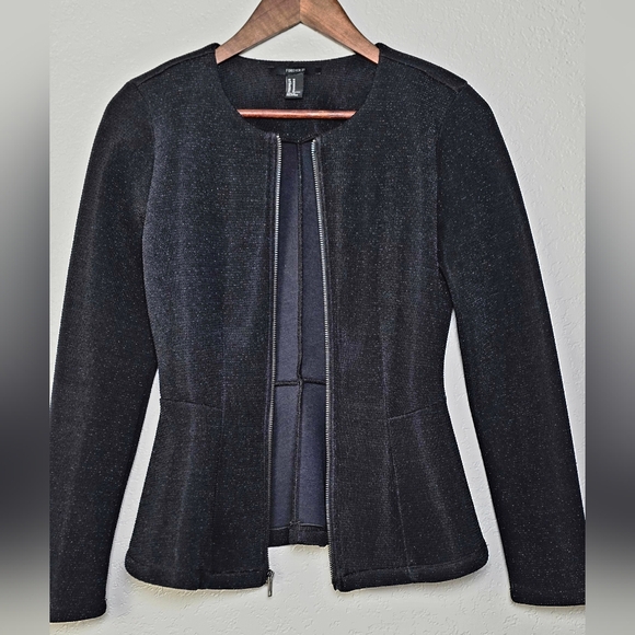 Forever 21 Jackets & Blazers - Forever 21 Dressy Black Shimmer Peplum Hem Scuba Sparkle Jacket - Size Medium